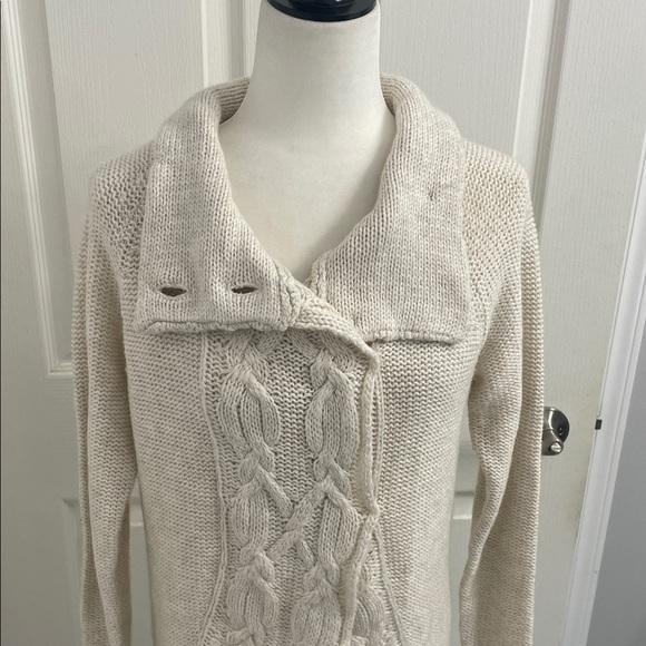 Elegant Cream Button-Up 3/4 Length Cardigan Mock Neck Collar Long Sleeves Sz S - Picture 4 of 13